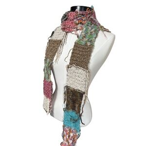 Y2K Mudd Womens Chunky Knit Patchwork Scarf Multi Color Boho Fringed Texture